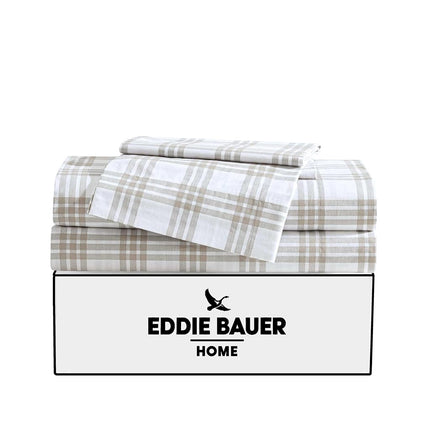 Eddie Bauer - King Sheet Set, Cotton Percale Bedding Set, Super Soft and Cozy Home Decor, Oeko-Tex Certified (Basic Plaid Beige, King)