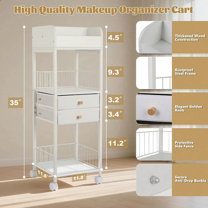 Makeup Organizer Storage Cart, Large Skincare Organizers, 2-Drawer Rolling Floor Skincare Organizer and Storage for Cosmetics/Perfume/Nail Polish, Skin Care Nail Polish Perfume Makeup Brush Hair Tool