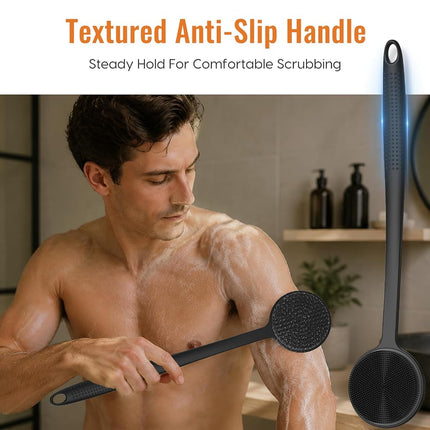 VWMYQ Silicone Back Scrubber for Shower, 17in Lengthen Long Handle Body Brush, Double Sided Shower Brush for Shower Exfoliating and Massage Can Produce Rich Foam, Long Handle Back Scrubber for Men
