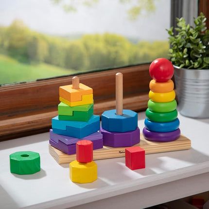 Melissa & Doug Geometric Stacker - Wooden Educational Toy - Shape Sorter And Stacking Toy, Stacking Tower Toy For Babies, Toddlers And Kids Ages 2+