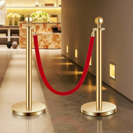 VEVOR Stanchion Post, 4 Pcs Crowd Control Barrier Set with 2 Red Velvet Ropes, 5 ft Stainless Steel Gold Stanchion Post Queue with Sand Injection Hollow Base for Theater, Party, Wedding, Exhibition