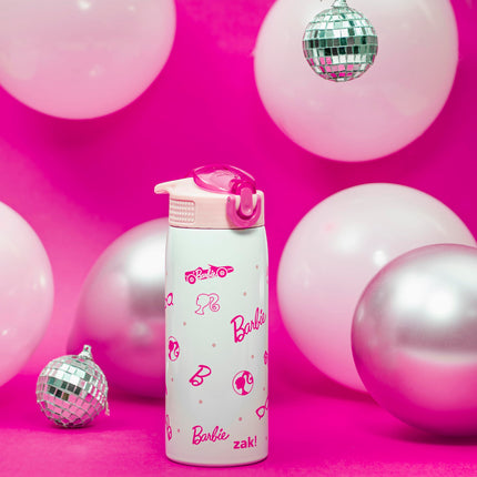 Zak Designs Barbie Botella de agua para viajes y el hogar, 560 ml, acero inoxidable con aislamiento al vacío, con tapa de boquilla de cierre, asa de transporte incorporada, diseño a prueba de fugas (Barbie)