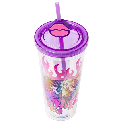 Gobelet en plastique froid Silver Buffalo Bratz Dolls avec Cloe, Yasmin, Jade et Sasha Flames et lèvres pleines, avec couvercle et paille, 710 ml