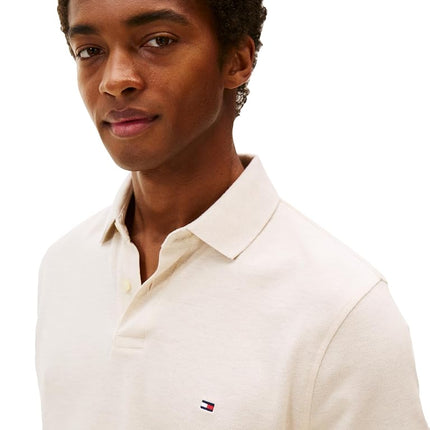 Tommy Hilfiger Men's Long Sleeve Polo Shirts in Regular Fit with Stretch and Organic Pique Cotton, Heathered Oatmilk, XS