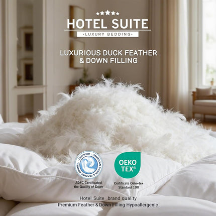 Hôtel Suite Couette en Plumes et Duvet Luxueuse Taille Jumeau, Housse 100 % Coton, Couettes Collection Hôtel, Garnissage 1250g, Chaleur Moyenne Toutes Saisons 173 x 224 cm Blanche