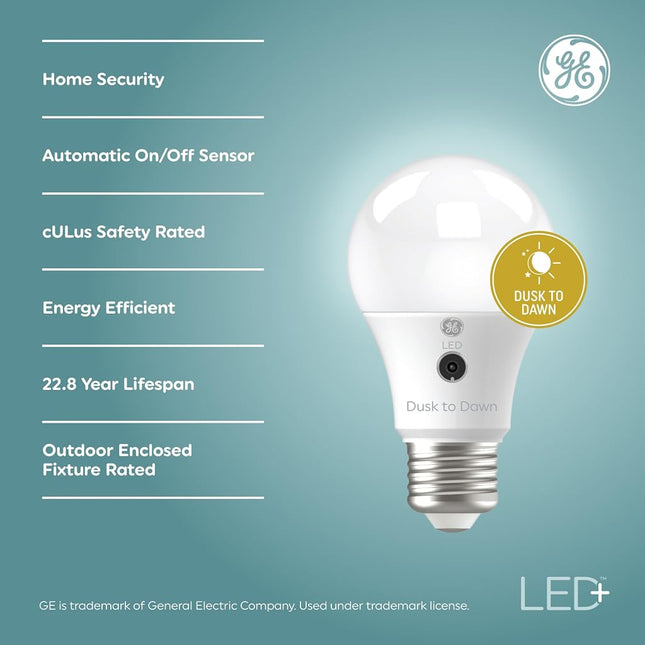 GE Lighting LED+ Dusk to Dawn LED Light Bulbs with Sunlight Sensors, Automatic On/Off Light Sensing Bulb, Soft White, A19 Bulbs (2 Pack)