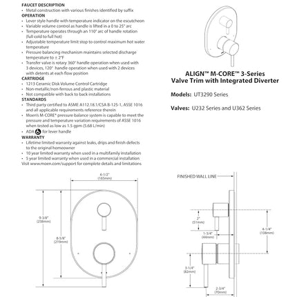 Moen UT3290 Align M-CORE 3-Series 2-Handle Shower Trim with Integrated Transfer, Valve Required, Chrome