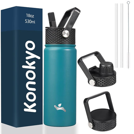 Bouteille d'eau isotherme Konokyo avec paille, 530 ml, 3 couvercles, en acier inoxydable, bleu clair