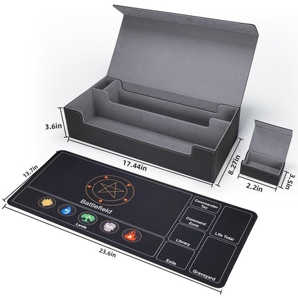 AFIING Mtg Deck Box Holds 5 Display Card Deck Boxes with Mtg Playmat & Dice Box,10 Dividers,1Card supporter, Trading Card Storage Box for Magic Yugioh Sports Cards (Black &Grey)