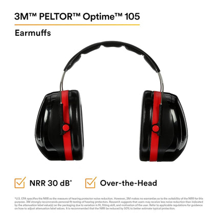 3M Peltor Optime 105 Over the Head Earmuff, Ear Protectors, Hearing Protection, NRR 30 dB