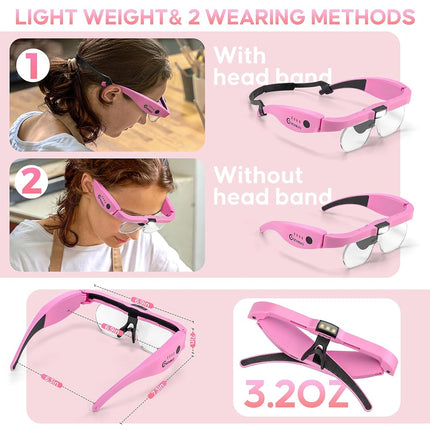 GUOUBUO Magnifying Glass with Light, 1.5X-5.0X Magnifying Glasses, Rechargeable Magnifier Headset with Light, Head Magnifier with 4 Detachable Lenses, Magnify Glasses for Close Work Crafts Jewelry