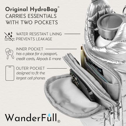 WanderFull® Original HydroBag® Fits Up to 32 oz Water Bottle Holder with Strap - Hands-Free Crossbody Water Bottle Carrier Bag with Phone Pocket - Silver Metallic