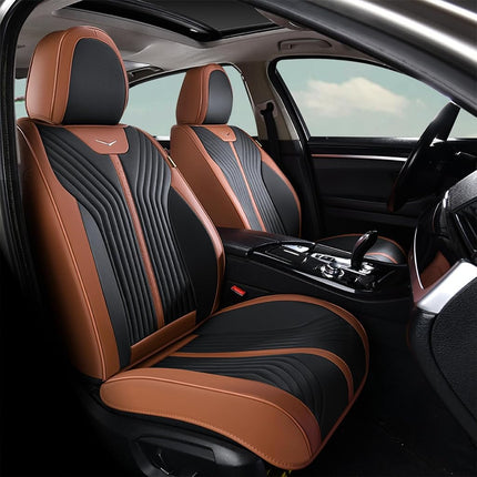 FLORICH Fundas de asiento, juego completo de fundas de asiento marrones, impermeables, cojín de asiento de cuero para automóvil, protector de asiento de automóvil, ajuste universal para la mayoría de automóviles, camiones, SUV, marrón y negro