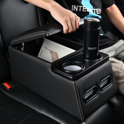 Coverado Car Center Console, Consolas universales para asientos traseros, Organizador y almacenamiento de asientos de camión, Organizador de coche para asientos traseros con portavasos, Caja de reposabrazos central (Regular, Negro)