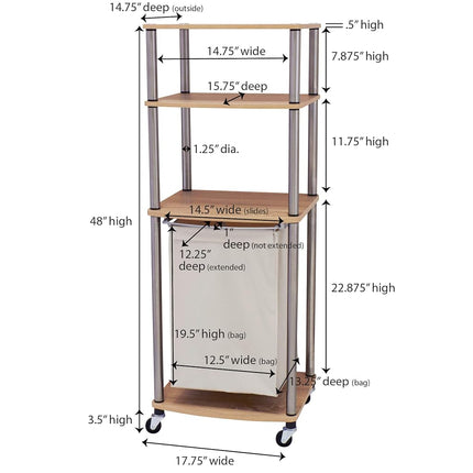 Household Essentials 7052-1 Organizer Cart with Single Canvas Hamper | Light Brown Triple Laundry Sorter with Folding Table, Walnut