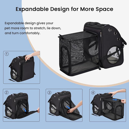 COVONO Expandable Pet Carrier Backpack for Cats, Dogs and Small Animals, Portable Pet Travel Carrier, Super Ventilated Design, Airline Approved, Ideal for Traveling/Hiking/Camping, Black