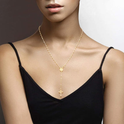 Miabella 18K Gold Over Sterling Silver Italian Rosary Bead Cross Y Necklace Chain for Women Men, 20 Inch