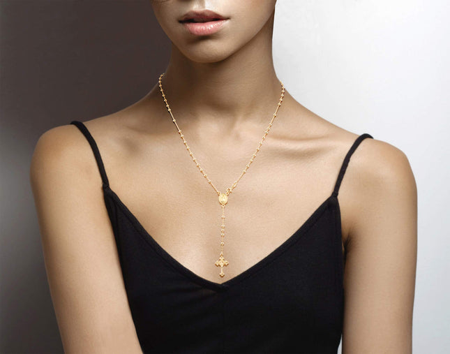 Miabella 18K Gold Over Sterling Silver Italian Rosary Bead Cross Y Necklace Chain for Women Men, 20 Inch