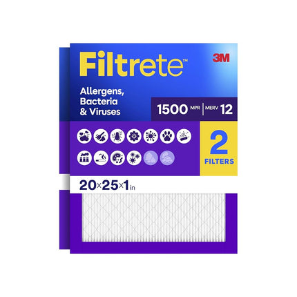 Filtrete 20x25x1 Air Filter, MPR 1500, MERV 12, Healthy Living Ultra-Allergen 3-Month Pleated 1-Inch Air Filters, 2 Filters