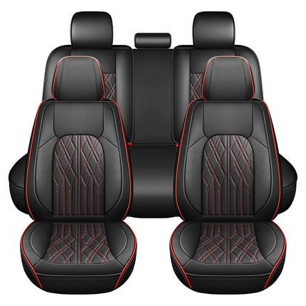 Huidasource Car Seat Covers Full Set, Leather Vehicle Cushion Covers, Universal Fit for Most Car Sedan SUV Pickup Truck, Fit Acura Honda City Nissan Altima Mazda Hyundai Audi (Full Set/Black&Red)