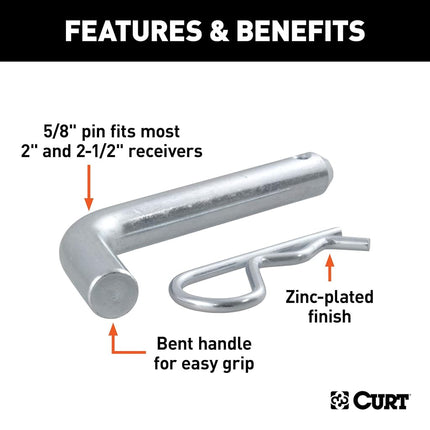 CURT 21580 Trailer Hitch Pin & Clip, 5/8-Inch Diameter, Fits 2 or 2-1/2-Inch Receiver, Clear ZINC