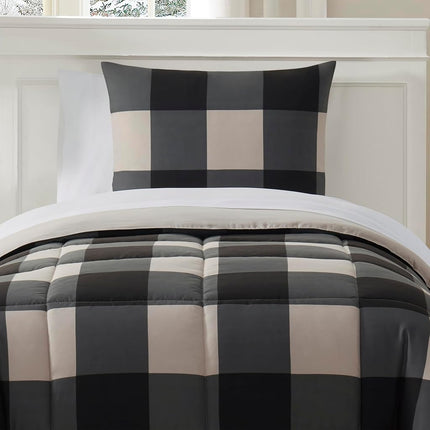 Sweet Home Collection Ultra Soft Down Alternative Set & Luxurious Bed Sheets, Polyester, Buffalo Plaid Black/Gray, Twin