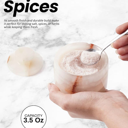 White Onyx Marble Salt Cellar Set of 2 with Lid & Spoon, 3 Inch Handmade Natural Stone Spice & Sugar Containers for Kitchen Countertop Storage, Elegant Seasoning Jars, Luxury Kitchen Accessory