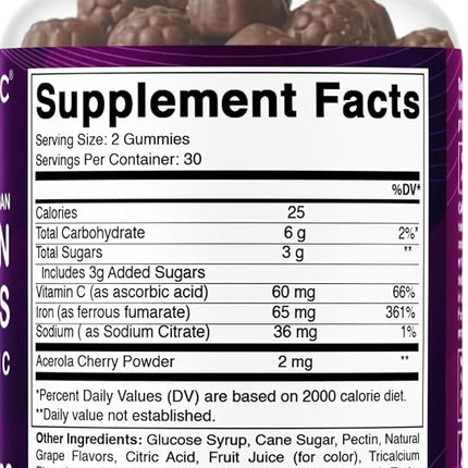 Vitamatic Iron 65 mg Gummies Supplement for Women & Men - 60 Vegan Gummies - Great Tasting Iron Gummy Vitamins with Vitamin C (1)