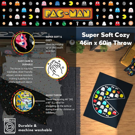 Franco Collectibles Pac-Man Retro Bedding Super Soft Cozy Plush Throw, 46 in x 60 in, (Officially Licensed Product)