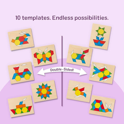 Melissa & Doug Pattern Blocks and Boards - Classic Toy With 120 Solid Wood Shapes and 5 Double-Sided Panels, Multi-coloured - STEAM Toy, Tangrams Puzzle For Kids Ages 3+