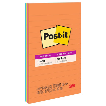 Post-it Super Sticky Notes, 5x8 in, 2 Pads, 2X The Sticking Power, Rio de Janerio Collection, Bright Colors (Orange, Pink, Blue, Green),Recyclable (5845-SSUC)