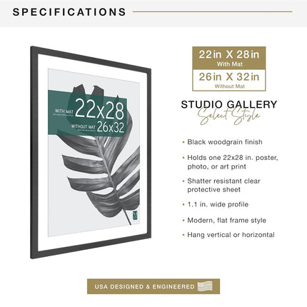 MCS Studio Gallery Cadre d'affiche avec passe-partout 26x32 et affichage photo 22x28, Cadre mural vertical et horizontal en bois d'ingénierie noir pour photos, affiches et impressions d'art (1 pièce)