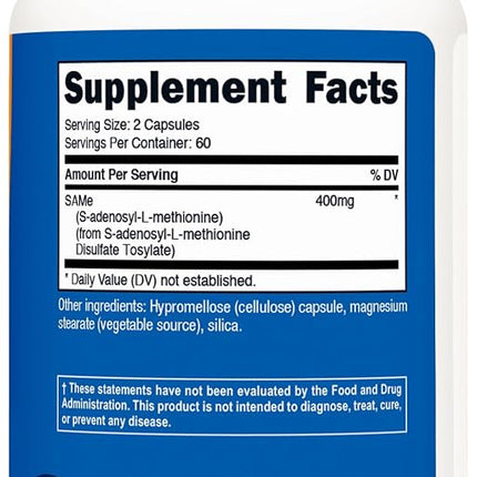 Nutricost SAM-e (S-Adenosyl-L-Methionine) 400mg, 120 Capsules - Non-GMO, Gluten Free Same, Vegetarian