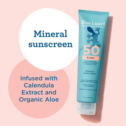 BLUE LIZARD Baby Mineral Sunscreen – No Chemical Actives – SPF 50+ UVA/UVB Protection, 5 Ounce Tube