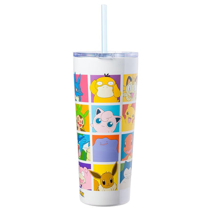 Gobelet isotherme en acier inoxydable double paroi Silver Buffalo Pokémon Pikachu, Ronflex, Salamèche, Carapuce, Bulbizarre, Évoli, Ectoplasma, Togepi, Magicarpe, Psykokwak, Rondoudou, Miaouss, Mew avec paille, 650 ml