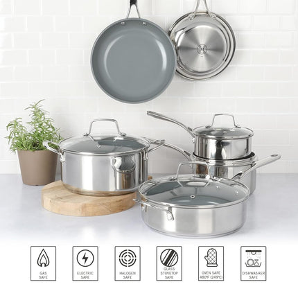 Martha Stewart Delaroux 10 Piece Stainless Steel Pots and Pans Kitchen Cookware Set w/PFAs Free Premium Nonstick Ceramic Interior