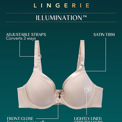 Vanity Fair Women's Illumination Front Closure Bra, 3-Way Convertible Staps, Lightly Lined Cups Up to Dd, Opaque, White, 40D