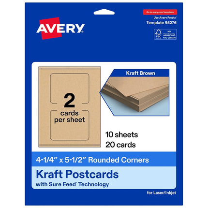 Avery Printable Rectangle Rounded Corner Postcards with Sure Feed Technology, 4.25" x 5.5", Kraft Brown Cardstock, Print-to-the-Edge, Laser/Inkjet Cards, 20 Total