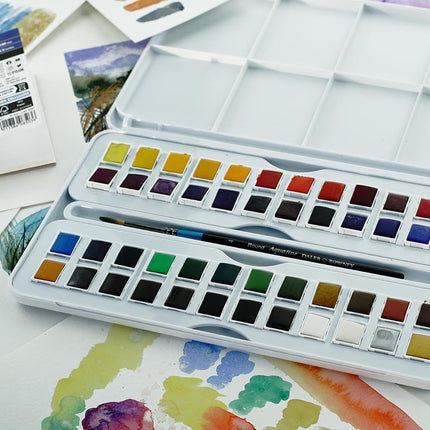 Daler Rowney Aquafine Watercolour 48 Half Pans Set + 1 Watercolour Brush