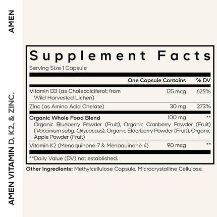 Amen Vitamin D, K2 & Zinc, Cholecalciferol D3 5000 IU, Organic Whole Food Blend with Apple, Blueberry, Cranberry, Elderberry Powder Fruits, Vegan Supplement, D3 K2 Vitamins, Non-GMO - 60 Capsules