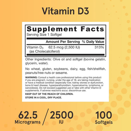 Jarrow Formulas Vitamin D3, Supports: Calcium and Bone Metabolism, 2500 IU, 100 Softgels