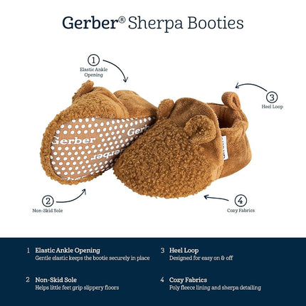 Gerber Baby Fleece Lined Non Skid Soft Slipper Booties, Brown Ears, 3 6_Months Unisex Infant