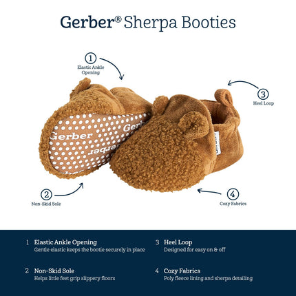 Gerber Baby Fleece Lined Non Skid Soft Slipper Booties, Brown Ears, 3 6_Months Unisex Infant