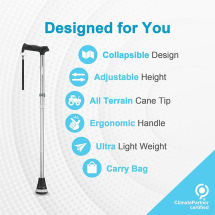 Rehand All Terrain Walking Stick - Foldable for Seniors & Adults, Swivel Tip and Heavy Duty Mobility Aid, Foldable for Men & Women (Silver)