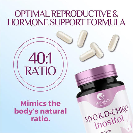 Myo-Inositol & D-Chiro Inositol Blend - Premium 40:1 Ratio - Ovarian Support for Women - Natural Supplement, Vitamin B8, Vegan, and USA Bottled - 60 Capsules