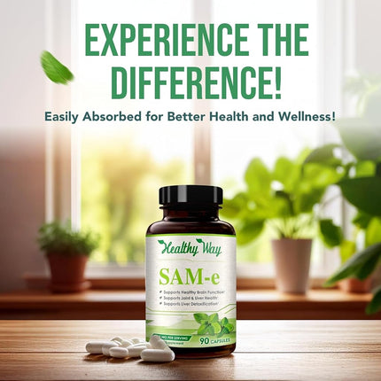 Healthy Way Pure SAM-e 400mg Supplement (Non-GMO) - 90 Capsules Sam-e (S-Adenosyl Methionine) to Support Mood, Joint Health, and Brain Function Non GMO USA Made
