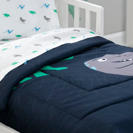 Juego de ropa de cama para cuna de 4 piezas Delta Children para niños - Edredón reversible 2 en 1 - Incluye edredón ajustable para mantener a los pequeños cómodos, sábana bajera, sábana encimera, funda de almohada - Dinosaurio Jurásico