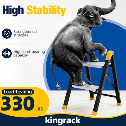 KINGRACK 2 Step Ladder, Wide Anti-Slip Aluminium Pedal, 330 lbs Load Black