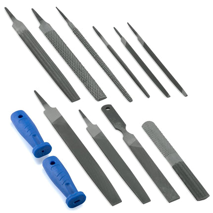 NEIKO 12 Piece Metal File and Rasp Set | 10, 8, and 6 Inch Extra Slim Flat, Half, Mill, and Round Files | Non Slip PVC Blue Handles, Heat Treated Carbon Steel