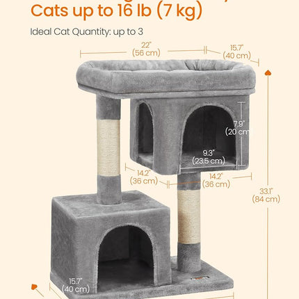 Feandrea Cat Tree Tower, 84 cm, L, Condo for Large Cats up to 16 lb, Large Perch, 2 Caves, Scratching Post, Light Gray UPCT61W